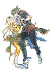  1boy 1girl bandana black_pants blonde_hair celes_chere eye_contact final_fantasy final_fantasy_vi high_heels holding_hands knife lock_cole looking_at_another munetaka pants sheath sheathed simple_background standing white_background white_footwear 