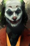  1boy arthur_fleck black_shirt close-up clown collared_shirt commentary_request dc_comics face facepaint formal green_hair highres jacket joker_(2019) male_focus matsunaga777 portrait red_jacket red_suit shirt smile solo suit the_joker 