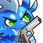  1:1 alpha_channel blitzdrachin blue_body blue_scales claws conditional_dnp dragon emote fangs green_eyes gun handgun holding_gun holding_object holding_weapon low_res pupils ranged_weapon reaction_image revolver scales scalie simple_background slit_pupils transparent_background weapon 