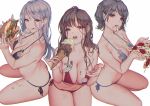  3girls artist_name ass bangs bare_shoulders baskin-robbins ben_&amp;_jerry&#039;s bikini black_bikini blue_bikini blue_eyes blush breasts brown_eyes brown_hair burger_king cleavage commentary crumbs domino&#039;s_pizza eating eyebrows_visible_through_hair food food_in_mouth food_on_breasts food_on_face french_fries from_above from_side grey_background grey_hair haagen-dazs halterneck hamburger highres holding holding_food ice_cream ice_cream_bar ice_cream_cone ice_cream_spoon ketchup large_breasts licking_lips logo long_hair looking_at_viewer love_cacao magnum_(ice_cream) mcdonald&#039;s mole multiple_girls navel open_mouth original papa_john&#039;s pizza pizza_box pizza_hut purple_eyes red_bikini seiza side-tie_bikini signature silver_hair simple_background sitting spoon string_bikini swimsuit symbol_commentary thighs tongue tongue_out wendy&#039;s 