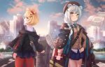  2girls animal_ears aqua_eyes aqua_hair arknights blonde_hair blush bnari book braids building city clouds garter glasses gum_(arknights) hat istina_(arknights) long_hair open_shirt ponytail school_uniform short_hair skirt sky tie 