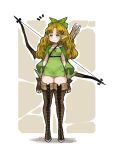  1girl :&lt; absurdres arrow_(projectile) blonde_hair blue_eyes boots bow_(weapon) breasts brown_footwear brown_gloves choker closed_mouth cross-laced_footwear dress elf fingerless_gloves full_body gloves green_choker green_dress green_ribbon hair_ribbon highres kkaebing lace-up_boots light_blue_eyes long_hair long_sleeves microdress no_nose original pointy_ears puffy_long_sleeves puffy_sleeves quiver ribbon shoulder_armor single_spaulder small_breasts solo spaulders standing thigh_boots thighhighs weapon zettai_ryouiki 