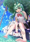  1girl bangs barefoot black_skirt blue_sky bottle bow bowtie building cloud cloudy_sky collared_shirt commentary dappled_sunlight day dutch_angle eyebrows_visible_through_hair frog_hair_ornament green_eyes green_hair hair_ornament hair_tubes hand_in_hair holding holding_bottle kochiya_sanae long_hair looking_at_viewer miniskirt open_mouth outdoors pleated_skirt polpol red_neckwear road_sign shirt sign sitting skirt sky smile snake_hair_ornament solo sunlight sweat touhou tree wading water_bottle wet white_shirt 