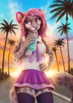  2020 anthro beverage bottomwear breasts clothed clothing cloud detailed_background drinking felid female fully_clothed fur grey_body grey_fur hair hand_on_hip hi_res holding_beverage holding_cup holding_object kebi leopard_spots mammal outside palm_tree pantherine pink_eyes pink_hair pink_nose portrait reyathae signature skirt sky snow_leopard solo spots spotted_body spotted_fur standing straw three-quarter_portrait tree whiskers 