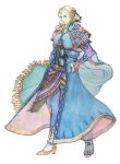  1boy blonde_hair cape edgar_roni_figaro final_fantasy final_fantasy_vi full_body hand_on_hip male_focus munetaka ponytail simple_background standing traditional_media white_background white_footwear 