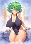  1girl absurdres alternate_breast_size alternate_costume arm_support bamboo bamboo_fence black_swimsuit blush breasts cameltoe covered_nipples fence green_eyes green_hair groin hair_between_eyes highres large_breasts looking_at_viewer mogudan navel nipples nose_blush one-piece_swimsuit one-punch_man onsen partially_visible_vulva rock sitting sitting_on_rock steam swimsuit tatsumaki thighs wide_hips 