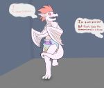  anthro blush bodily_fluids caught covering covering_self dialogue diaper dragon embarrassed english_text fizzle_(mlp) friendship_is_magic genital_fluids hasbro male my_little_pony open_mouth secret_desires solo speech_bubble standing text urine wet_diaper wetting white_body white_skin wings 