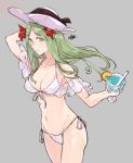  1girl bikini breasts cleavage closed_mouth cup drinking_straw fire_emblem fire_emblem:_three_houses flower glass green_eyes green_hair grey_background hair_flower hair_ornament hand_on_headwear hat highres holding holding_cup long_hair rhea_(fire_emblem) sakuremi simple_background solo sun_hat swimsuit white_bikini 