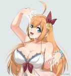  1girl absurdres artist_name blush breasts cleavage collarbone cum cum_in_mouth cum_on_body cum_on_breasts cum_on_upper_body facial gokkun highres hioyami large_breasts long_hair open_mouth pecorine princess_connect! princess_connect!_re:dive smile solo 