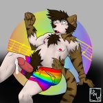  1:1 bottomwear brown_body brown_fur clothed clothing felid fur genitals hard_cock human_to_anthro hybrid leaking lion male mammal mid_transformation multicolored_bottomwear multicolored_clothing nicohhusky nicothepinkhusky pale_skin pantherine partially_clothed penis rainbow rainbow_bottomwear rainbow_clothing rainbow_shorts shorts simple_background species_transformation transformation ursid 