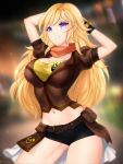  1girl arms_behind_head arms_up bangs belt belt_buckle black_shorts blonde_hair blurry blurry_background breasts brown_belt brown_jacket buckle cleavage collarbone cowboy_shot eyebrows_visible_through_hair gigamessy grin jacket large_breasts long_hair midriff navel purple_eyes rwby short_shorts short_sleeves shorts smile solo standing stomach very_long_hair yang_xiao_long 