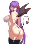 1girl ass back backless_leotard bangs bare_shoulders bb_(fate)_(all) bb_(fate/extra_ccc) black_legwear blush breasts closed_mouth demon_girl demon_tail demon_wings fate/extra fate/extra_ccc fate_(series) hair_ribbon highleg highleg_leotard highres large_breasts leotard long_hair looking_at_viewer looking_back neck_ribbon purple_eyes purple_hair red_ribbon ribbon simple_background spider_apple tail thighs very_long_hair white_background white_leotard wings 