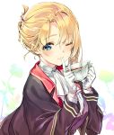  1girl ;) agent_(ash_arms) ascot ash_arms bangs black_jacket black_vest blonde_hair blue_eyes closed_mouth cup dress_shirt eyebrows_visible_through_hair finger_to_mouth gloves high_collar holding holding_cup ichimasa_game jacket leaning_forward long_sleeves looking_at_viewer one_eye_closed shirt short_hair shushing sidelocks sitting smile solo teacup tied_hair vest white_background white_gloves white_neckwear white_shirt 