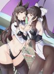  2girls animal_ears atago_(azur_lane) atago_(stunning_speedster)_(azur_lane) azur_lane bangs bare_shoulders bikini black_bikini black_hair black_legwear bow breasts brown_eyes cleavage cleavage_cutout commentary_request elbow_gloves extra_ears fingerless_gloves food gloves hair_bow hair_flaps leotard licking logo long_hair looking_at_viewer medium_breasts mole mole_under_eye moroheiya_(user_harz4842) multiple_girls navel_cutout outdoors pantyhose ponytail popsicle race_queen sexually_suggestive shrug_(clothing) standing swept_bangs swimsuit takao_(azur_lane) takao_(full_throttle_charmer)_(azur_lane) thighhighs umbrella white_bow wolf_ears wrist_cuffs 