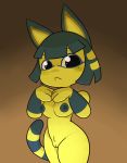  absurd_res animal_crossing ankha_(animal_crossing) anthro areola black_eyes breasts domestic_cat felid feline felis female genitals hair hi_res looking_at_viewer mammal mythrica nintendo nipples nude pussy solo video_games yellow_body yellow_breasts yellow_tail 