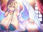  1girl aizawa_chihiro angel_wings aqua_bra aqua_eyes areola_slip areolae bed blonde_hair bra breasts curtains gigantic_breasts huge_breasts indoors lingerie looking_at_viewer lying official_art on_side original solo underwear window wings 