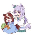  2girls :d =_= animal_ears bangs blue_jacket blush camisole closed_eyes commentary_request cropped_torso dress drying drying_hair ear_ribbon eyebrows_visible_through_hair green_dress green_ribbon hair_between_eyes hair_down hitomiz hood hood_down hooded_jacket horse_ears horse_girl horse_tail jacket long_hair long_sleeves mejiro_mcqueen_(umamusume) motion_lines multicolored_hair multiple_girls object_hug open_clothes open_jacket purple_eyes purple_hair ribbon simple_background sleeves_past_wrists smile streaked_hair stuffed_carrot stuffed_toy tail teeth tokai_teio_(umamusume) towel umamusume upper_body upper_teeth very_long_hair wet wet_hair white_background white_camisole white_jacket 
