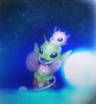  2012 alien amegared antennae_(anatomy) babyfier blue_nose blue_tongue bonnie_(lilo_and_stitch) disney experiment_(lilo_and_stitch) eyes_closed fangs female_(lore) fur green_body green_fur happy hug lilo_and_stitch male_(lore) markings moon night open_mouth pacifier pink_body pink_fur pink_nose red_body red_fur shush_(lilo_and_stitch) star tongue 