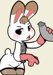  2020 animal_crossing anthro bottomless brown_hair clothed clothing disembodied_penis duo eyeliner female female_focus frown genitals grey_penis hair hi_res itsunknownanon lagomorph legwear leporid lipstick looking_at_viewer makeup male male/female mammal nintendo penis penis_grab rabbit solo_focus thigh_highs tiffany_(animal_crossing) video_games white_body 