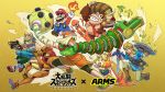  1other 3girls 4boys arm_cannon arms_(game) banana banana_peel barrel beanie blonde_hair boots copyright_name donkey_kong donkey_kong_(series) doubutsu_no_mori dragon_(arms) fighting_stance fire food fox_mccloud fruit gun hat highres ink inkling ishikawa_masaaki jacket legwear_under_shorts link mario mario_(series) mask master_sword megawatt_(arms) metroid min_min_(arms) multiple_boys multiple_girls necktie official_art overalls pantyhose power_armor samus_aran scouter shield shizue_(doubutsu_no_mori) short_hair shorts splatoon_(series) star_fox super_smash_bros. sword the_legend_of_zelda the_legend_of_zelda:_breath_of_the_wild varia_suit weapon yellow_background 