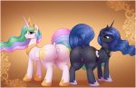  2020 anus augustbebel big_butt border butt cutie_mark digital_media_(artwork) dock duo equid eyebrows eyelashes female feral friendship_is_magic genitals hasbro hi_res horn looking_at_viewer mammal my_little_pony princess_celestia_(mlp) princess_luna_(mlp) puffy_anus pussy sibling sister sisters smile thick_thighs white_border winged_unicorn wings 