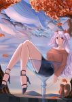  1girl absurdres azur_lane bare_legs belt black_footwear black_skirt breasts brown_sweater cloud cloudy_sky collarbone cup drinking_glass glass hair_ribbon high_heels highres hsubo huge_filesize legs long_hair looking_at_viewer manly orange_eyes petals prinz_eugen_(azur_lane) ribbon shoes silver_hair sitting sitting_on_object skirt sky smile solo squirrel sweater thighs whale wine_glass wood 