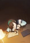  1girl black_hair chair closed_eyes glasses green_hairband hairband kantai_collection long_hair nikuoji notebook ooyodo_(kantai_collection) school_uniform serafuku sleeping solo table tagme 