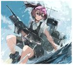  1girl bangs bike_shorts black_skirt black_vest blue_eyes border cloud dated day eyebrows_visible_through_hair hair_between_eyes highres holding kantai_collection nagasawa_tougo outdoors pleated_skirt rigging shiranui_(kantai_collection) shirt short_sleeves shorts shorts_under_skirt skirt sky solo twitter_username vest water white_border white_shirt 