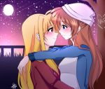  2girls alternate_costume alternate_hairstyle blonde_hair blush brown_hair couple fate_testarossa field grass happy heart long_hair lyrical_nanoha mahou_shoujo_lyrical_nanoha mahou_shoujo_lyrical_nanoha_strikers mahou_shoujo_lyrical_nanoha_vivid moon multiple_girls night purple_eyes red_eyes shiroriette sky smile star star_(sky) starry_sky takamachi_nanoha tree very_long_hair yuri 