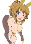  1girl animal_ears bare_shoulders bent_over blue_eyes bow bowtie breasts breasts_day bunny_ears bunny_girl bunny_tail bunnysuit cuffs fake_animal_ears gundam gundam_build_fighters gundam_build_fighters_try hair_ornament haruhisky high_heels highres hoshino_fumina looking_at_viewer nipple_slip nipples one_eye_closed open_mouth pantyhose pink_scrunchie ponytail scrunchie tail 
