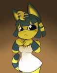  3_fingers absurd_res animal_crossing ankha_(animal_crossing) anthro black_eyes breasts clothed clothing domestic_cat dress felid feline felis female fingers hair hi_res looking_at_viewer mammal mythrica nintendo solo video_games white_clothing white_dress yellow_body yellow_tail 