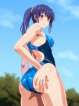  1girl ass blue_sky blue_swimsuit blurry breasts cloud commentary_request competition_swimsuit cowboy_shot day depth_of_field from_behind hand_on_own_ass lips long_hair looking_at_viewer looking_back medium_breasts monteriakitto one-piece_swimsuit original outdoors purple_hair red_eyes sky solo swimsuit tree 