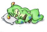  alien antennae_(anatomy) bonnie_(lilo_and_stitch) boonieboo0 brown_nose disney experiment_(lilo_and_stitch) eyelashes fangs female_(lore) fur green_body green_fur lilo_and_stitch lying markings multicolored_body multicolored_fur pillow plushie sleeping solo teddy_bear 
