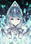  1girl aqua_eyes aqua_hair breasts from_above hands_together headband highres horns natsukawamikan pneuma_(xenoblade_2) ponytail single_horn tied_hair xenoblade_(series) xenoblade_2 