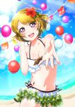  1girl :d absurdres ahoge bangs blonde_hair blush body_blush breasts cleavage cloud collarbone commentary_request day flower hair_flower hair_ornament hand_up highres koizumi_hanayo looking_at_viewer love_live! love_live!_school_idol_project navel open_mouth outdoors outstretched_hand pon_yui purple_eyes sand shiny shiny_skin shore short_hair sky smile solo swimsuit swimwear teeth tongue upper_teeth water 