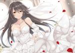  1girl black_hair blush breasts cleavage collarbone dress earrings elbow_gloves eyebrows_visible_through_hair fingernails gensoukitan gloves hair_between_eyes hair_ornament hairclip haruna_(kantai_collection) jewelry kantai_collection large_breasts long_hair necklace orange_eyes petals ring rose_petals sleeveless sleeveless_dress smile solo wedding_band wedding_dress white_dress white_gloves 