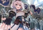 1girl armor ayul_(ayulneri_92) belt braid breasts cleavage dress fingerless_gloves flag gloves green_eyes hair_ribbon highres hololive large_breasts pouch ribbon shirogane_noel short_hair silver_hair smile sword virtual_youtuber weapon wrist_guards 