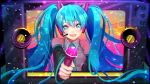  1girl blue_hair clenched_hand crying crying_with_eyes_open hatsune_miku headphones highres holding holding_microphone huu-cross long_hair microphone tears television twintails vocaloid 