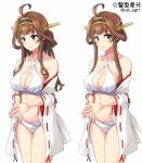  1girl ahoge alternate_hair_length alternate_hairstyle bangs bare_shoulders bikini blunt_bangs blush breasts cleavage cleavage_cutout closed_mouth collarbone commentary_request cowboy_shot criss-cross_halter detached_sleeves double_bun earrings eyebrows_visible_through_hair halterneck headgear heart heart_earrings jewelry kantai_collection kongou_(kantai_collection) long_hair long_sleeves looking_at_viewer looking_away looking_down medium_breasts multiple_views own_hands_together purple_eyes red_ribbon ribbon ribbon-trimmed_sleeves ribbon_trim ring shigure_ryuunosuke short_hair_with_long_locks sidelocks simple_background smile star_(symbol) swimsuit thighs twitter_username vocaloid wedding_band white_background white_bikini wide_sleeves 