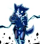  2020 anthro blue_body blue_clothing blue_ears blue_eyes blue_fur blue_tail canid canine clothed clothing fingerless_gloves front_view fur gloves handwear kai11k looking_at_viewer male mammal solo 