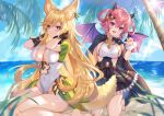  2girls :3 :d absurdres animal_ear_fluff animal_ears bangs black_cape black_gloves black_skirt blonde_hair blue_sky blurry blurry_foreground blush breasts cape cleavage cloud cloudy_sky commentary_request copyright_request day demon_girl demon_horns demon_wings depth_of_field eyebrows_visible_through_hair gejigejier gloves hair_between_eyes hair_ornament hair_rings hand_up highres horizon horns index_finger_raised jack-o&#039;-lantern jack-o&#039;-lantern_hair_ornament kneeling large_breasts leotard long_hair multiple_girls ocean open_mouth outdoors pink_hair pleated_skirt purple_eyes purple_wings red_eyes ringlets short_hair sideboob sidelocks sitting skirt sky smile tail upper_teeth very_long_hair wariza water white_leotard wings wrist_cuffs 