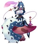  1girl alice_in_wonderland alternate_language black_gloves blue_hair bong breasts bug caterpillar caterpillar_(wonderland) gloves hair_over_one_eye highres hookah horns insect_girl kenkou_cross large_breasts monster_girl_encyclopedia multicolored_hair mushroom pale_skin purple_eyes smoke smoking solo streaked_hair wonderworm 