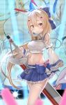  1girl :o ayanami_(azur_lane) ayanami_(troubled_star_idol)_(azur_lane) azur_lane bangs bare_shoulders blonde_hair blue_bow blue_skirt bow breasts commentary crop_top detached_sleeves double-breasted frilled_sleeves frills hair_between_eyes hair_bow headgear highres holding holding_sword holding_weapon long_hair long_ponytail long_sleeves looking_at_viewer medium_breasts micchamu miniskirt navel neck_ribbon pleated_skirt ponytail ribbon sidelocks skirt sleeves_past_wrists solo standing stomach sword thighhighs very_long_hair weapon white_legwear wide_sleeves yellow_eyes yellow_ribbon 