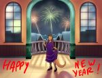  2020 alcohol anthro balcony beverage brown_body brown_hair brown_scales champagne cleo_(twin_dragons) clothing dragonkai dress english_text female fireworks fullly_clothed hair highlights_(coloring) holidays inside new_year reptile scales scalie snake solo text 