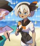  1boy 1girl :d bangs black_hairband blue_eyes blush bodysuit bodysuit_under_clothes bow clenched_hands cloud collared_shirt commentary_request day dynamax_band eyelashes gloves grey_hair gym_leader hair_between_eyes hairband hat highres holding katwo_1 looking_at_another mustard_(pokemon) old_man open_mouth outdoors paintbrush partly_fingerless_gloves pokemon pokemon_(game) pokemon_swsh print_shirt print_shorts saitou_(pokemon) sand shirt shore short_hair short_sleeves shorts single_glove sky smile sparkle standing tied_shirt water wristband 