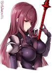  1girl absurdres bodysuit breasts ebifurya enty_reward fate/grand_order fate_(series) gae_bolg hair_intakes highres holding holding_weapon large_breasts leotard long_hair paid_reward pauldrons polearm purple_bodysuit purple_hair purple_leotard red_eyes scathach_(fate)_(all) scathach_(fate/grand_order) shoulder_armor solo spear upper_body weapon 