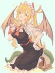  1girl aqua_background blonde_hair blush broom brown_footwear dragon_horns dragon_tail dragon_wings elbow_gloves fang frilled_gloves frilled_sleeves frills gloves hand_on_hip headdress highres holding_necktie hong horns kneeling kobayashi-san_chi_no_maidragon long_hair long_skirt maid maid_headdress necktie orange_eyes red_neckwear sidelocks simple_background skin_fang skirt slit_pupils solo star_(symbol) tail tooru_(maidragon) twintails very_long_hair white_gloves wings 