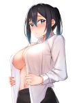  1girl :/ bangs black_hair black_skirt blue_eyes blue_hair blush breasts cleavage closed_mouth commentary_request cowboy_shot gradient_hair hair_between_eyes highres large_breasts long_sleeves looking_at_viewer mole mole_under_eye multicolored_hair navel no_bra nose_blush open_clothes open_shirt original ponytail shirt simple_background skirt solo stomach tapioka_(oekakitapioka) white_background white_shirt 