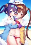  2girls :o ahoge azur_lane bare_shoulders beach bikini black_choker blue-framed_eyewear blue_jacket blush breasts brown_hair choker collarbone commentary_request day fur-trimmed_jacket fur_trim gloves groin hair_rings hairpods halter_top halterneck highres horizon jacket kokone_(coconeeeco) long_sleeves looking_at_viewer looking_to_the_side medium_breasts multiple_girls navel ning_hai_(azur_lane) ning_hai_(summer_hunger)_(azur_lane) ocean off_shoulder open_clothes open_jacket outdoors parted_lips ping_hai_(azur_lane) ping_hai_(merry_summer)_(azur_lane) purple_bikini purple_eyes purple_gloves purple_hair red_bikini red_eyes sand standing swimsuit twintails v-shaped_eyebrows water white-framed_eyewear yellow_jacket 