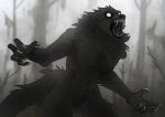  anthro black_body black_fur canid canine canis claws demon female forest fur humanoid mammal monster muscular muscular_female nails natalie_de_corsair nature sharp_claws sharp_nails sharp_teeth solo teeth tree were werecanid werecanine werewolf white_eyes 